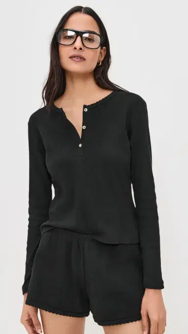 LESET Pointelle Long Sleeve Henley Black | Thumbnail 2 LESET Pointelle Long Sleeve Henley Black | Thumbnail 2