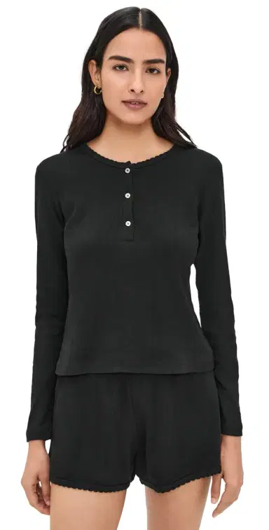 LESET Pointelle Long Sleeve Henley Black | Thumbnail 1 LESET Pointelle Long Sleeve Henley Black | Thumbnail 1