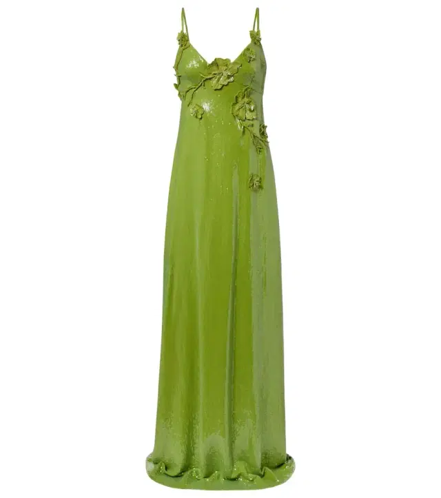 Floral-appliqué sequined jersey gown
