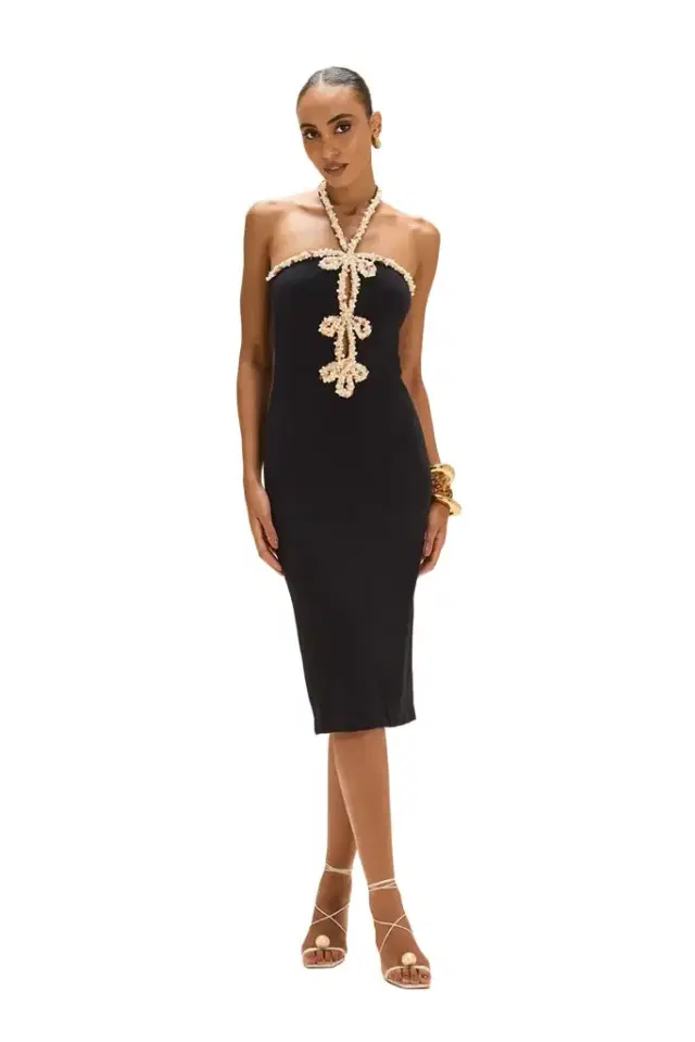 JADE KNIT EMBROIDERED HALTERNECK MIDI DRESS (not buy)