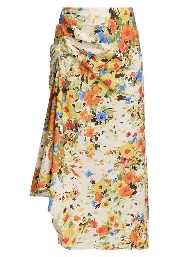 A.L.C. Women's Naomi Printed Ruched Cotton Midi-Skirt - Butter Poppy Multi - Size 14 | Thumbnail 1 A.L.C. Women's Naomi Printed Ruched Cotton Midi-Skirt - Butter Poppy Multi - Size 14 | Thumbnail 1