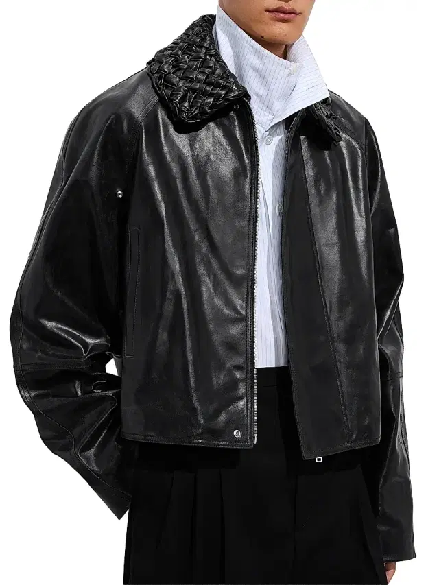 Men's Crackled Intrecciato Collar Leather Jacket - Black