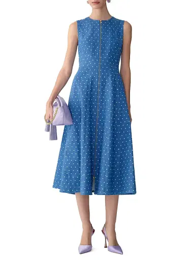 Carolina Herrera Women's Polka-Dot Denim Zip-Front Midi-Dress - Light Blue | Thumbnail 2 Carolina Herrera Women's Polka-Dot Denim Zip-Front Midi-Dress - Light Blue | Thumbnail 2