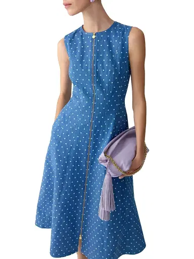 Carolina Herrera Women's Polka-Dot Denim Zip-Front Midi-Dress - Light Blue | Thumbnail 4 Carolina Herrera Women's Polka-Dot Denim Zip-Front Midi-Dress - Light Blue | Thumbnail 4