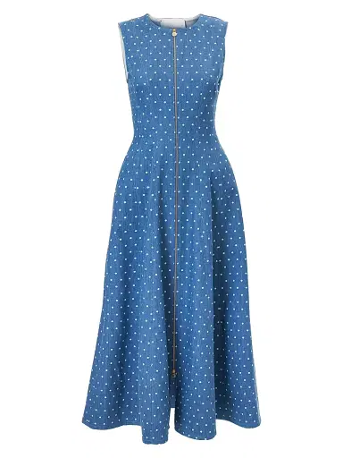 Carolina Herrera Women's Polka-Dot Denim Zip-Front Midi-Dress - Light Blue | Thumbnail 1 Carolina Herrera Women's Polka-Dot Denim Zip-Front Midi-Dress - Light Blue | Thumbnail 1