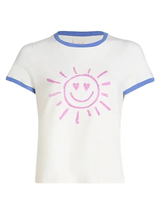 Cinq à Sept Women's Rhinestone Smiling Sun Shrunken Ringer T-Shirt - Cream Ultramarine