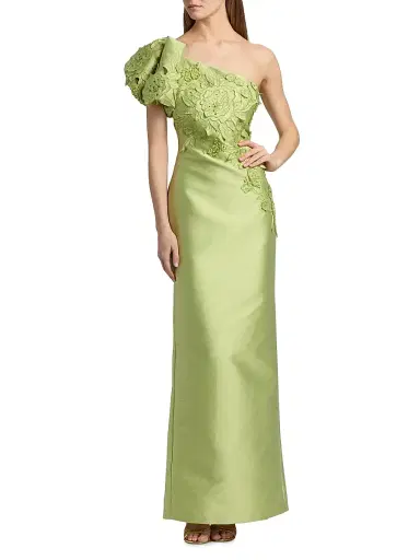 BADGLEY MISCHKA Women's Floral Appliqué One-Shoulder Gown - Lime - Size 10 | Thumbnail 2