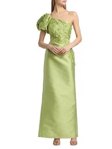 BADGLEY MISCHKA Women's Floral Appliqué One-Shoulder Gown - Lime - Size 10 | Thumbnail 3