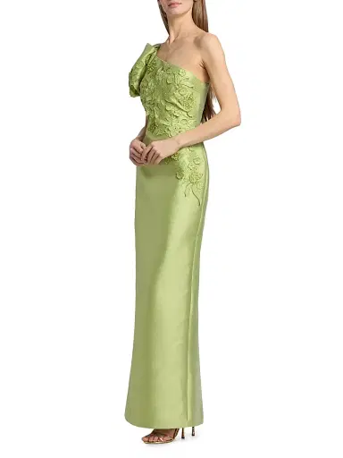 BADGLEY MISCHKA Women's Floral Appliqué One-Shoulder Gown - Lime - Size 10 | Thumbnail 4