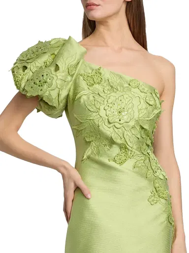 BADGLEY MISCHKA Women's Floral Appliqué One-Shoulder Gown - Lime - Size 10 | Thumbnail 6