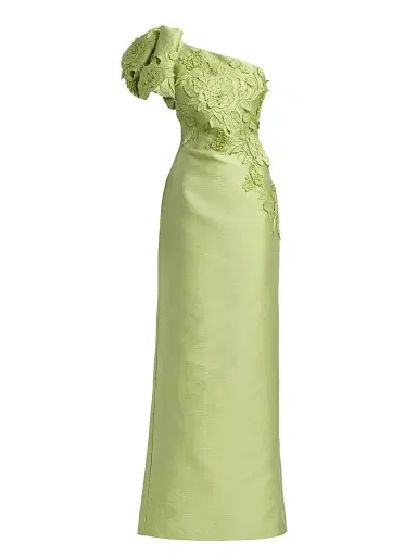 BADGLEY MISCHKA Women's Floral Appliqué One-Shoulder Gown - Lime - Size 10 | Thumbnail 1