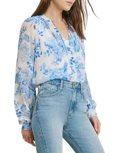 Favorite Daughter Women's The Sincerely Yours Floral Cotton-Blend Top - Blue And White Floral - Size XL | Thumbnail 5
