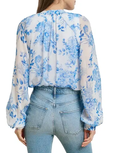 Favorite Daughter Women's The Sincerely Yours Floral Cotton-Blend Top - Blue And White Floral - Size XL | Thumbnail 6