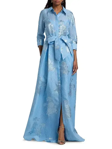 Teri Jon by Rickie Freeman Women's Brocade Shirt Gown - Powder Blue Multi - Size 18 | Thumbnail 2
