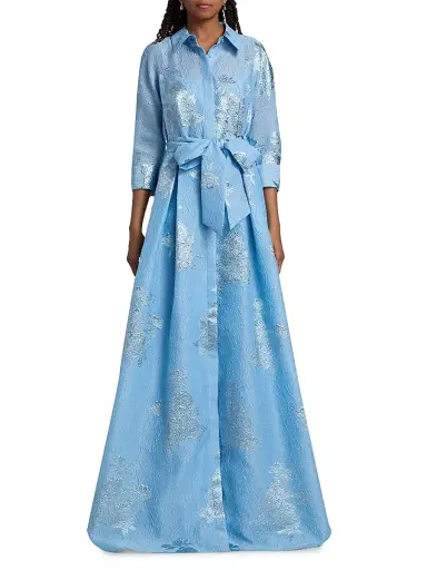 Teri Jon by Rickie Freeman Women's Brocade Shirt Gown - Powder Blue Multi - Size 18 | Thumbnail 3
