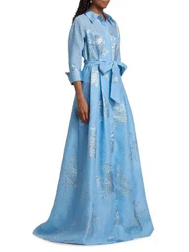 Teri Jon by Rickie Freeman Women's Brocade Shirt Gown - Powder Blue Multi - Size 18 | Thumbnail 4