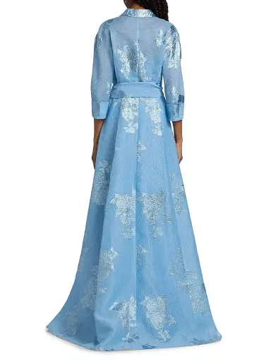 Teri Jon by Rickie Freeman Women's Brocade Shirt Gown - Powder Blue Multi - Size 18 | Thumbnail 5