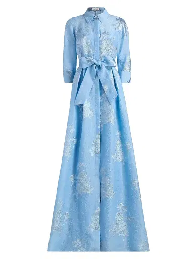 Teri Jon by Rickie Freeman Women's Brocade Shirt Gown - Powder Blue Multi - Size 18 | Thumbnail 1
