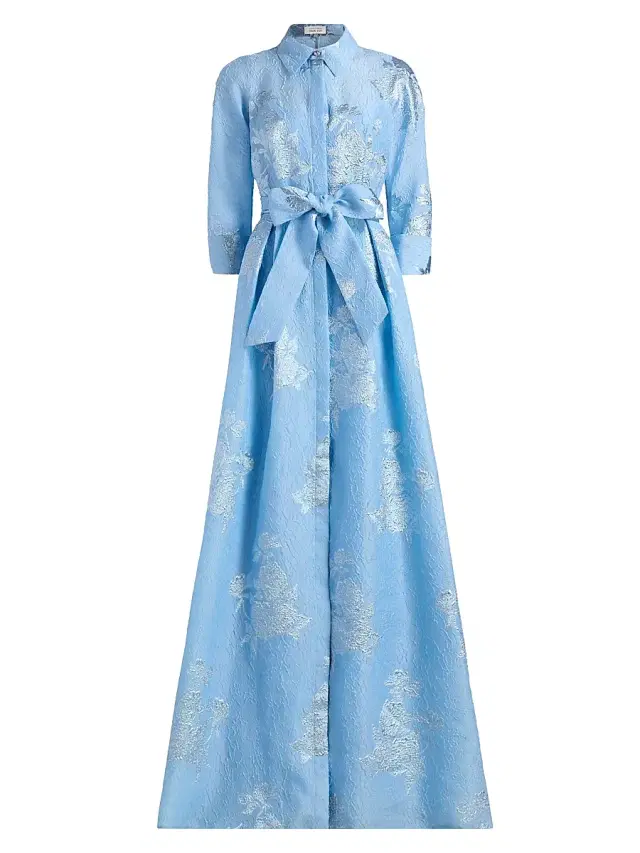 Teri Jon by Rickie Freeman Women's Brocade Shirt Gown - Powder Blue Multi