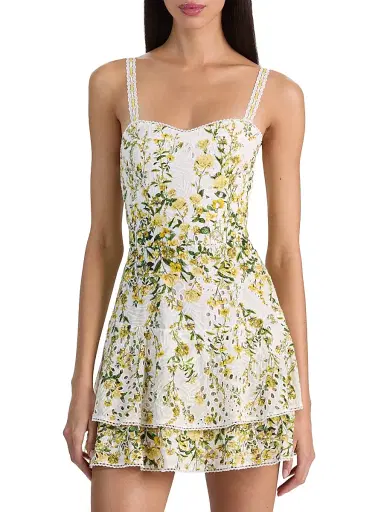 Alice + Olivia Women's Meredith Floral Cotton Tiered Minidress - Fresh Air Butter - Size 14 | Thumbnail 3 Alice + Olivia Women's Meredith Floral Cotton Tiered Minidress - Fresh Air Butter - Size 14 | Thumbnail 3