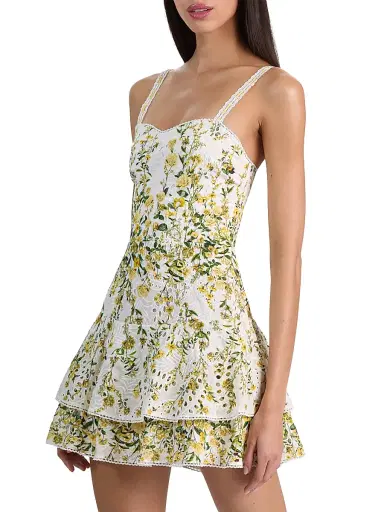 Alice + Olivia Women's Meredith Floral Cotton Tiered Minidress - Fresh Air Butter - Size 14 | Thumbnail 4 Alice + Olivia Women's Meredith Floral Cotton Tiered Minidress - Fresh Air Butter - Size 14 | Thumbnail 4