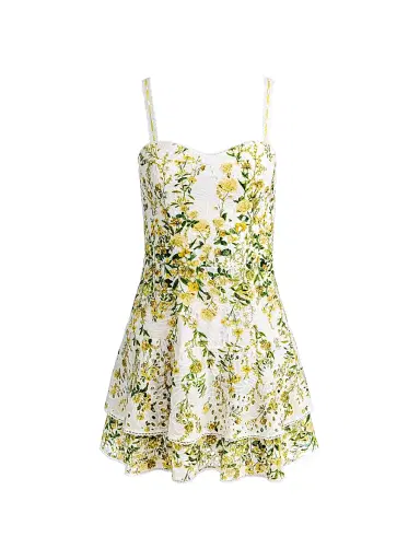 Alice + Olivia Women's Meredith Floral Cotton Tiered Minidress - Fresh Air Butter - Size 14 | Thumbnail 1 Alice + Olivia Women's Meredith Floral Cotton Tiered Minidress - Fresh Air Butter - Size 14 | Thumbnail 1