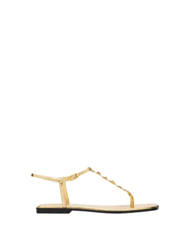 Embellished Metallic Leather Flat Sandals