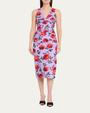 Carolina Herrera Rose-Print Gathered Silk Sleeveless Dress | Thumbnail 2 Carolina Herrera Rose-Print Gathered Silk Sleeveless Dress | Thumbnail 2