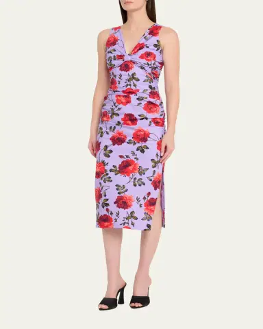 Carolina Herrera Rose-Print Gathered Silk Sleeveless Dress | Thumbnail 4 Carolina Herrera Rose-Print Gathered Silk Sleeveless Dress | Thumbnail 4