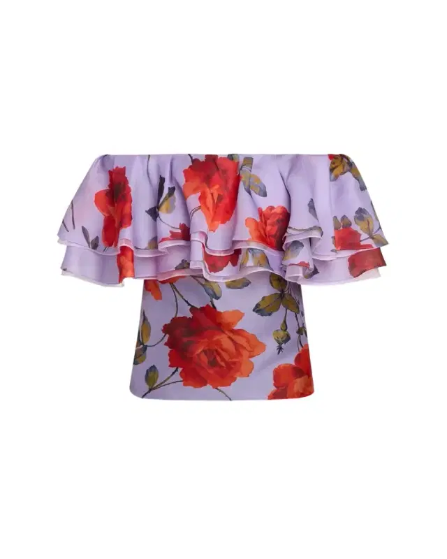 Carolina Herrera Rose Chiffon Off-The-Shoulder Ruffle Top