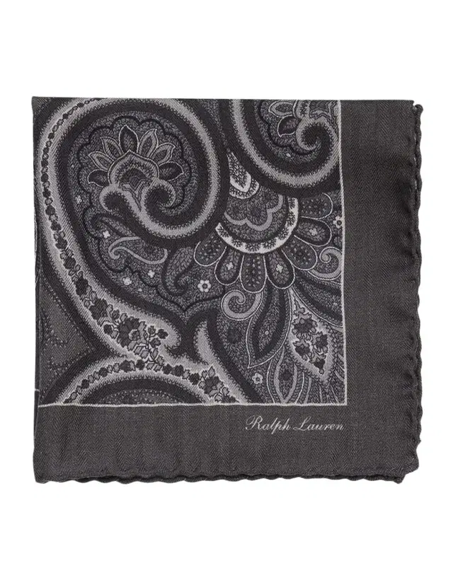 Men 's Silk Herringbone Paisley Logo Pocket Square