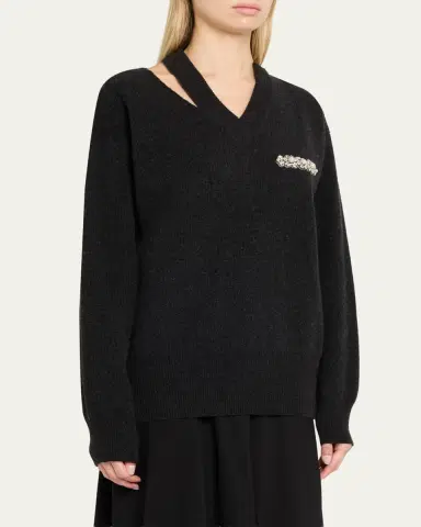 Simone Rocha Embellished Merino Wool Slash Cutout V-Neck Sweater | Thumbnail 4 Simone Rocha Embellished Merino Wool Slash Cutout V-Neck Sweater | Thumbnail 4