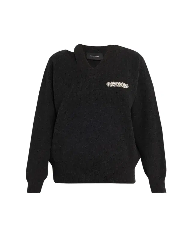 Embellished Merino Wool Slash Cutout V-Neck Sweater