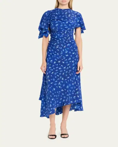 Victoria Beckham Asymmetric Smocked Short-Sleeve Midi Dress | Thumbnail 2 Victoria Beckham Asymmetric Smocked Short-Sleeve Midi Dress | Thumbnail 2