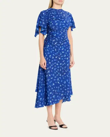 Victoria Beckham Asymmetric Smocked Short-Sleeve Midi Dress | Thumbnail 4 Victoria Beckham Asymmetric Smocked Short-Sleeve Midi Dress | Thumbnail 4