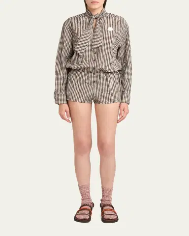 Moncler Vichy Long-Sleeve Romper with Bow | Thumbnail 2 Moncler Vichy Long-Sleeve Romper with Bow | Thumbnail 2