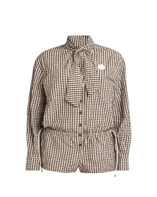 Moncler Vichy Long-Sleeve Romper with Bow