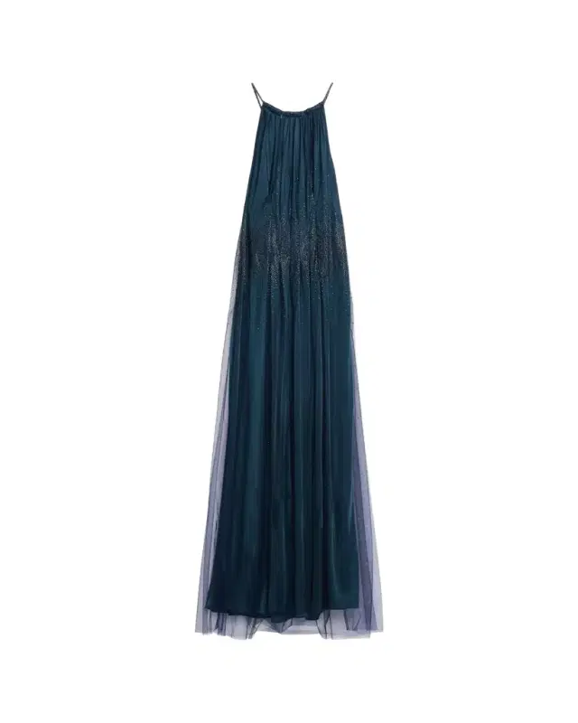 Rhinestoned Pleated Tulle Jersey Halter Gown