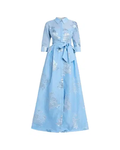 Rickie Freeman for Teri Jon Metallic Jacquard Collared Long Dress | Thumbnail 1 Rickie Freeman for Teri Jon Metallic Jacquard Collared Long Dress | Thumbnail 1