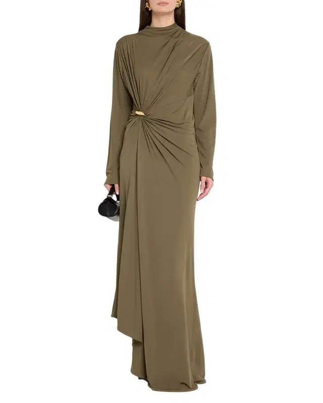 Bottega Veneta Long-Sleeve Draped Matte Crepe Maxi Dress
