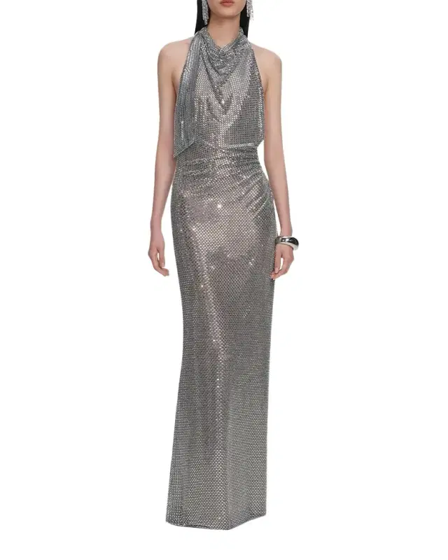 Self-Portrait Rhinestone Draped Maxi Dress