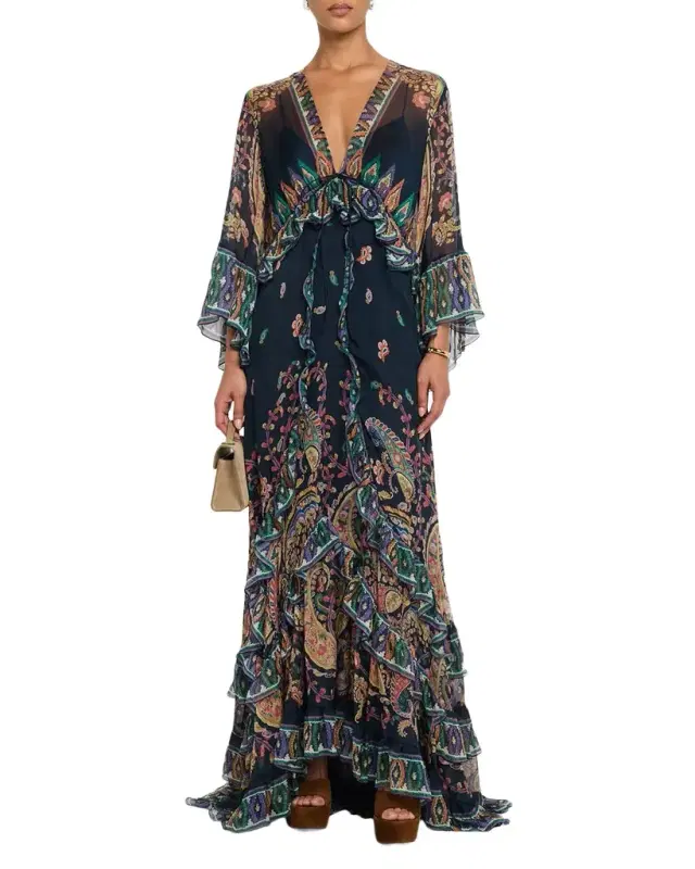 Paisley Silk Ruffle Long-Sleeve Maxi Dress