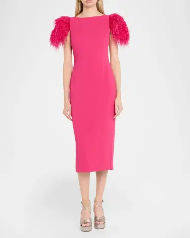 BADGLEY MISCHKA Feather-Sleeve Crepe Midi Sheath Dress | Thumbnail 2