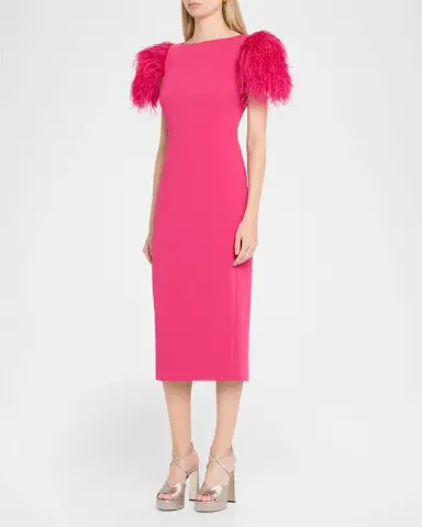 BADGLEY MISCHKA Feather-Sleeve Crepe Midi Sheath Dress | Thumbnail 4