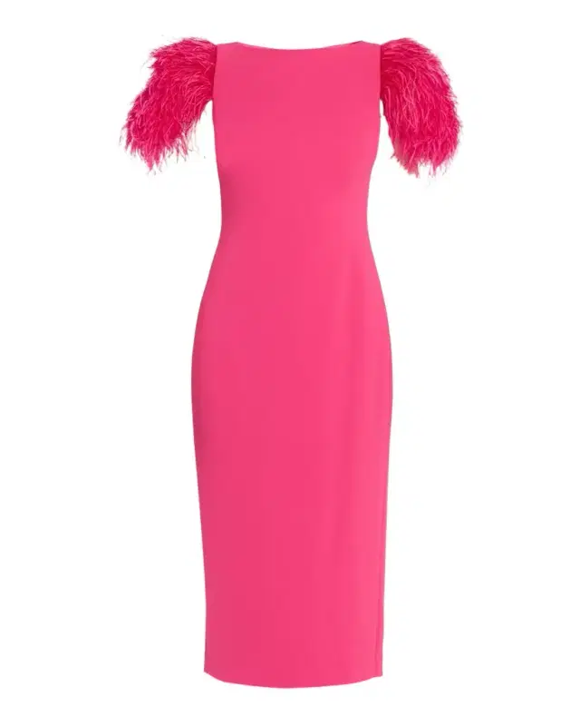 Feather-Sleeve Crepe Midi Sheath Dress
