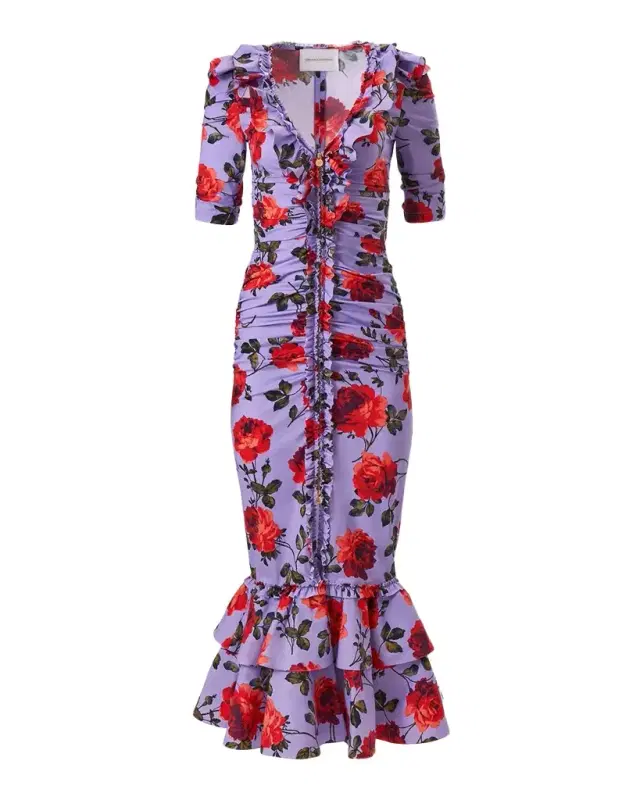 Rose-Print Ruched V-Neck Midi Dress Rose-Print Ruched V-Neck Midi Dress