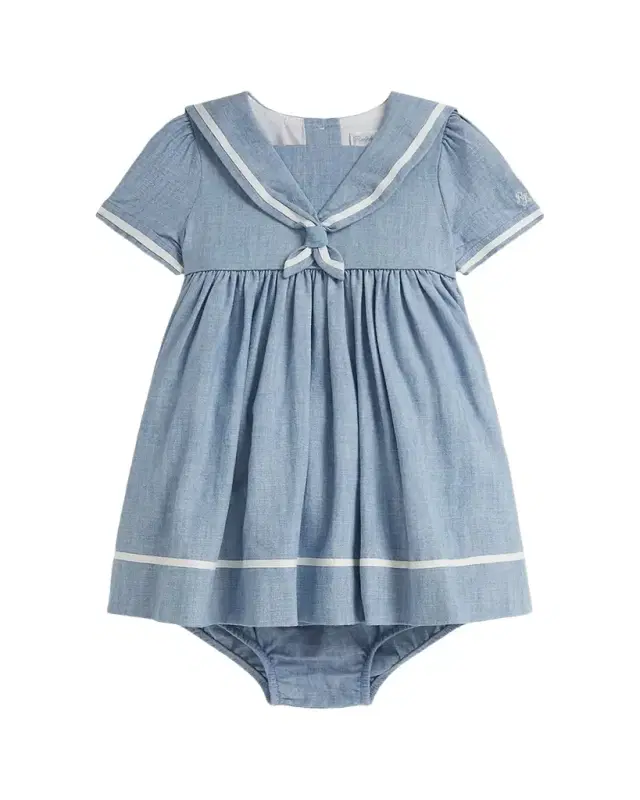 Girl's Chambray Sailor Dress & Bloomers Set, Size 3M-