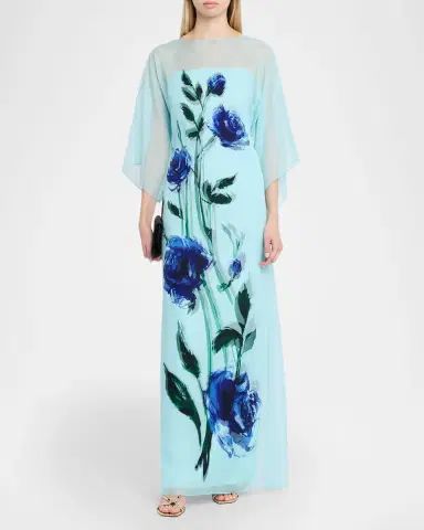 Rickie Freeman for Teri Jon Floral-Print Chiffon Draped Gown | Thumbnail 2