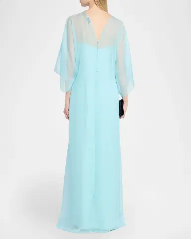 Rickie Freeman for Teri Jon Floral-Print Chiffon Draped Gown | Thumbnail 3