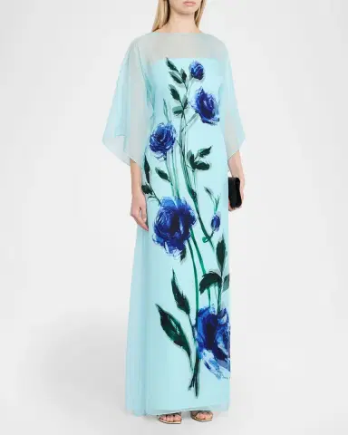 Rickie Freeman for Teri Jon Floral-Print Chiffon Draped Gown | Thumbnail 4